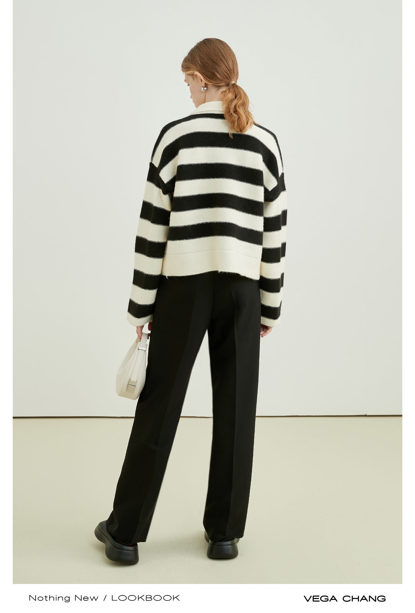 Polo Collar Open V-Neck Striped Sweater