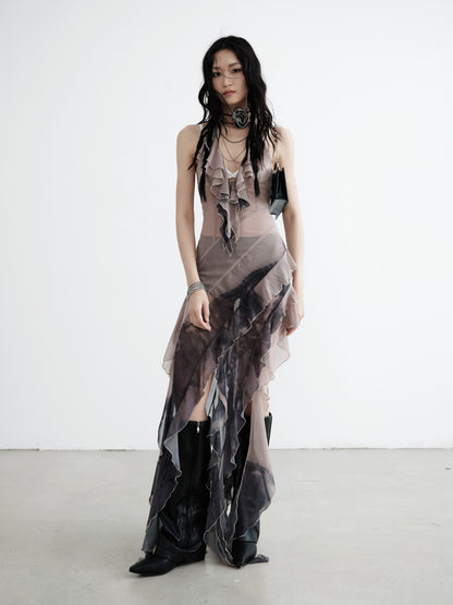 Asymmetric Smudge Print Sheer Chiffon Dress