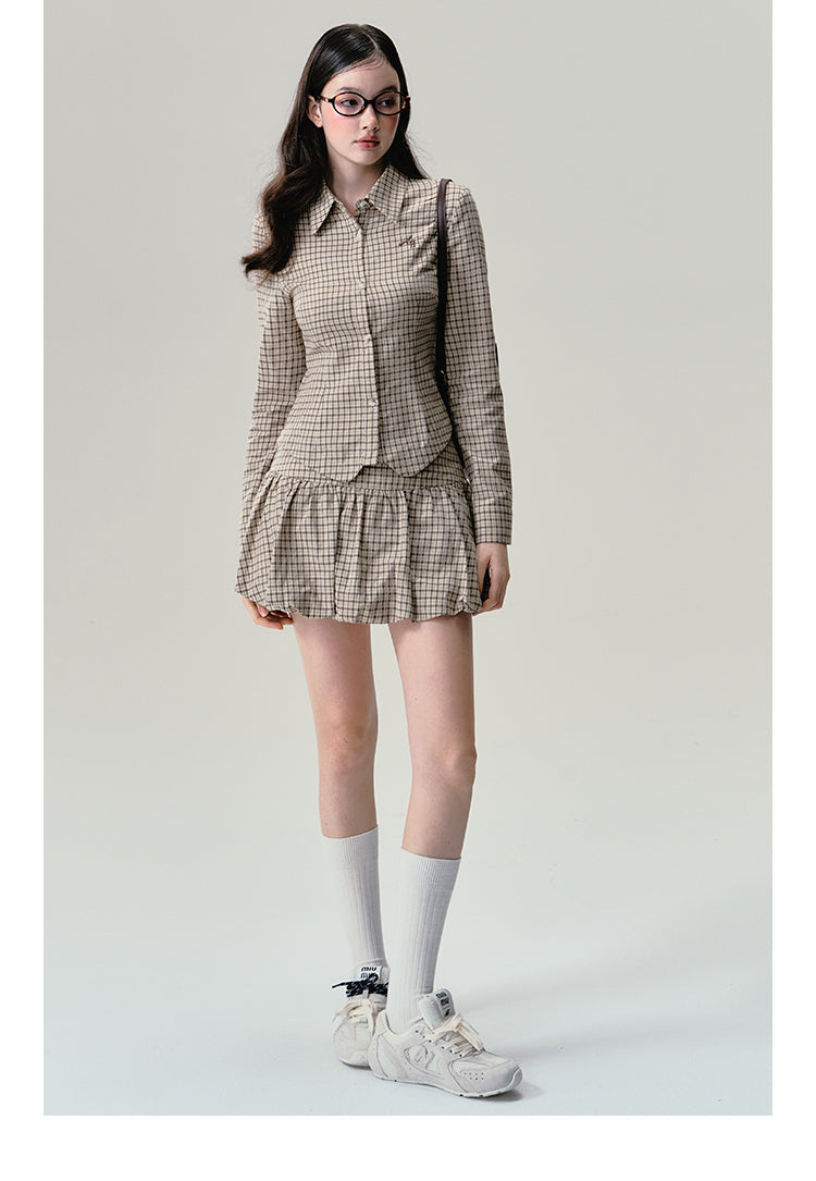 Cotton Plaid V-Hem Shirt And Balloon Mini Skirt Outfit