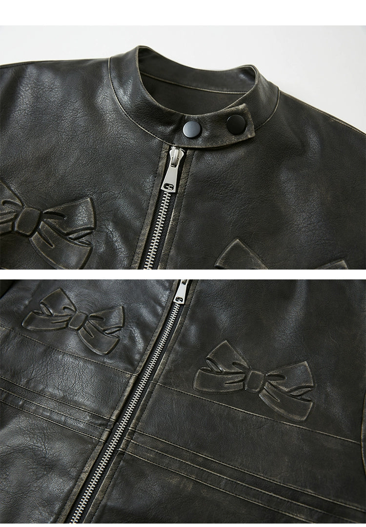 Embossed Bow Vintage-Look Faux Leather Jacket