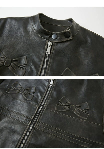 Embossed Bow Vintage-Look Faux Leather Jacket