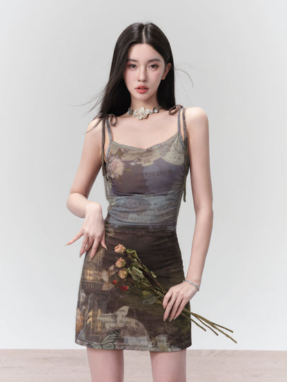 Mesh Oil Painting Print Bodycon Camisole Dress