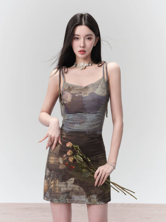 Mesh Oil Painting Print Bodycon Camisole Dress