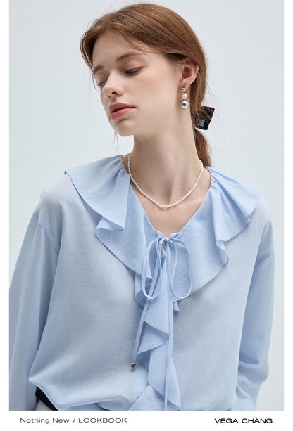 Ruffled Collar Button Down Chiffon Blouse