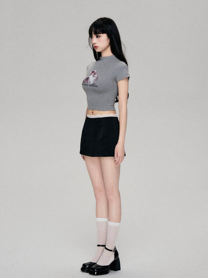 Cat Print Mock Neck Cropped Fitted T-Shirt