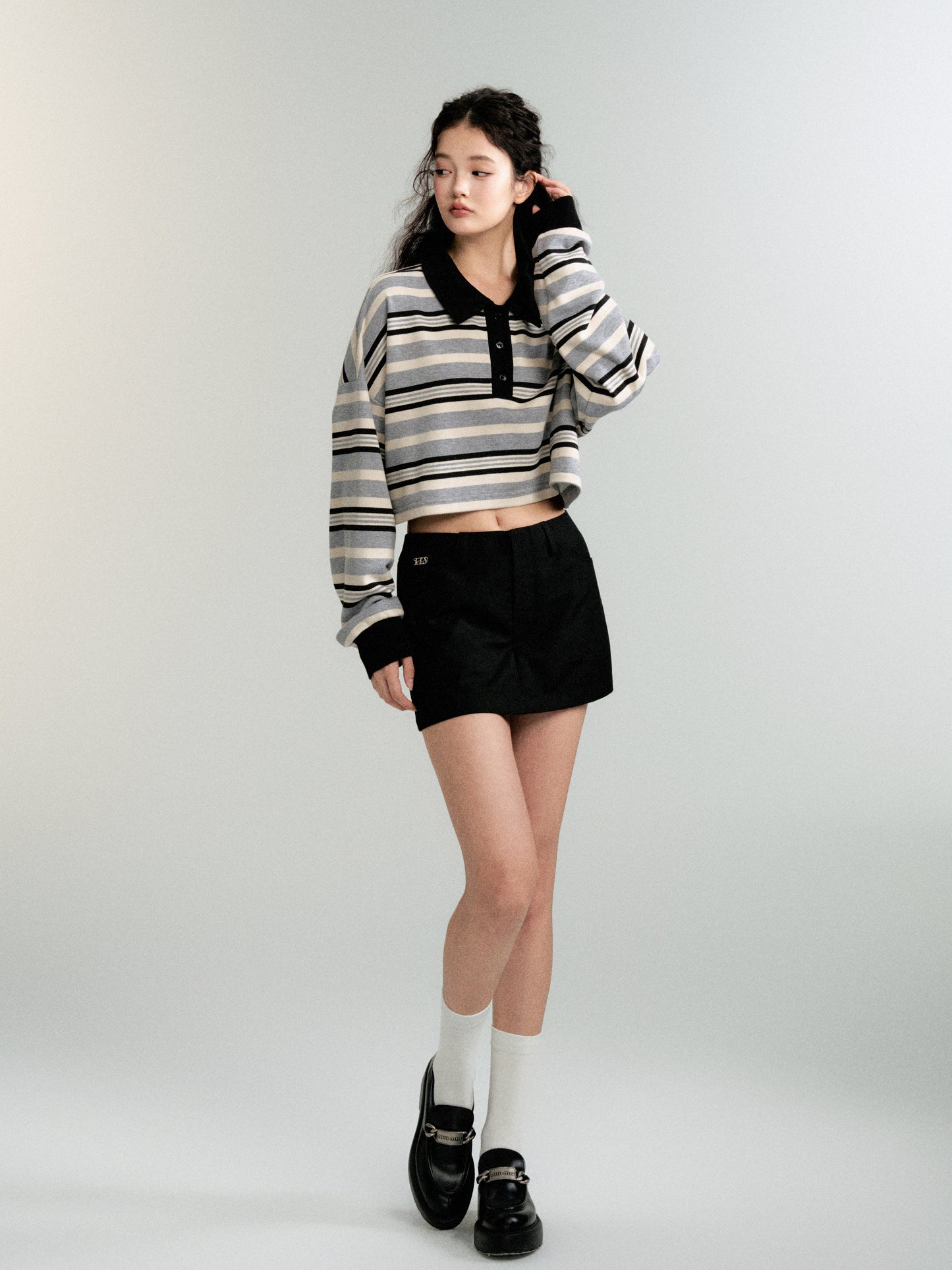 Contrast Color Cropped Stripe Polo Sweatshirt