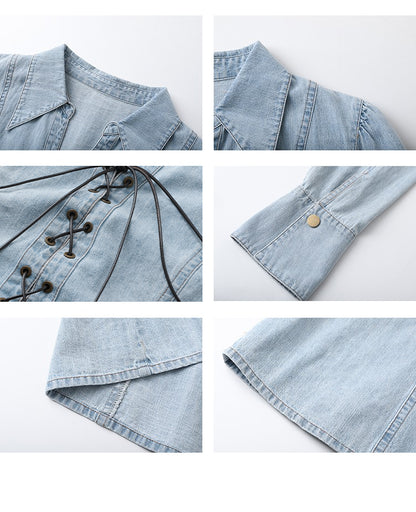 Gathered Princess Sleeve Lace-Up Denim Shirt