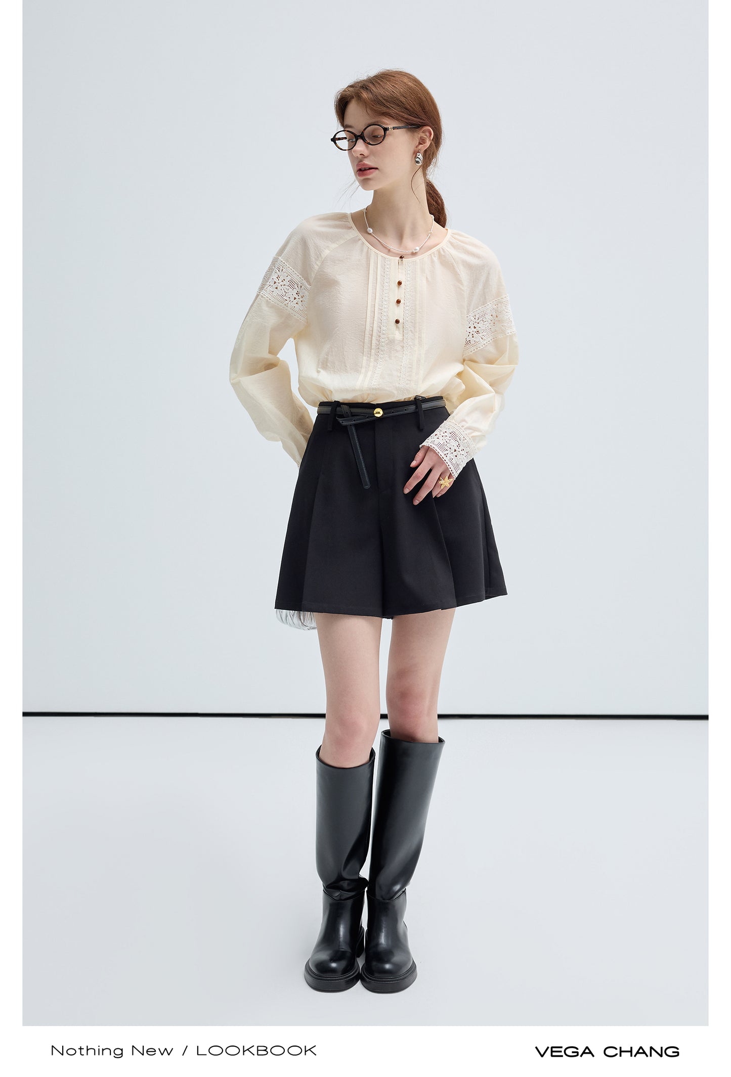 Lace Patchwork Collarless Pin Tuck Blouse