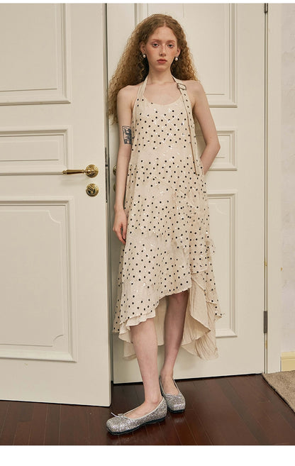 Sequin Polka Dot Belt-Style Halter Asymmetrical Long Dress