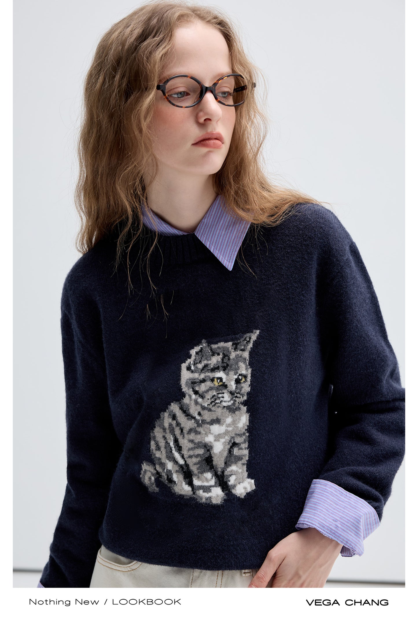 Jacquard Crew Neck Kitten Sweater