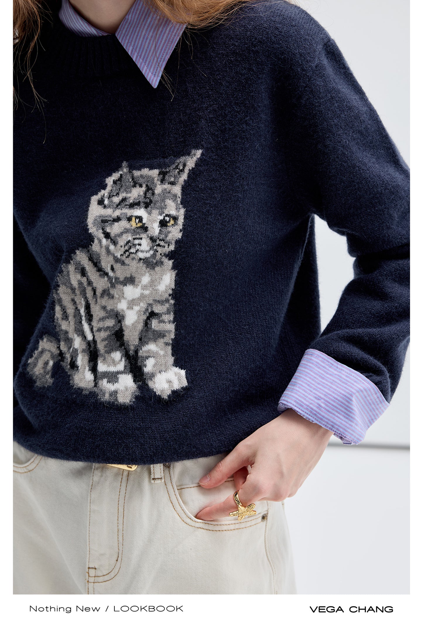 Jacquard Crew Neck Kitten Sweater