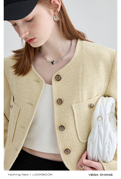 Wool Blend Collarless Cropped Tweed Jacket