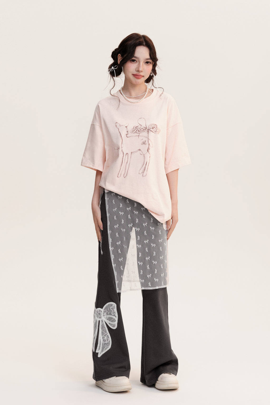 Oversized Deer Print Round Neck Cotton T-Shirt