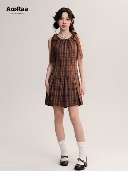 Two-Way Straps Plaid Pleated A-Line Dress