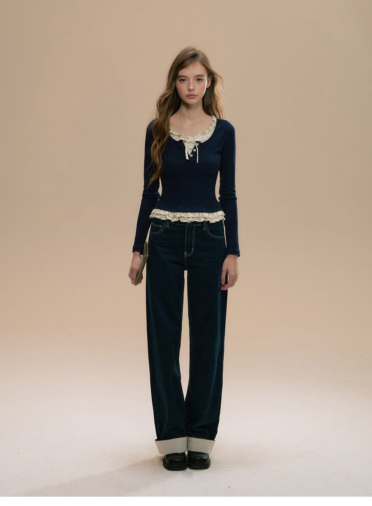 Layered-Look Rib Knit Top With Small Floral Frills