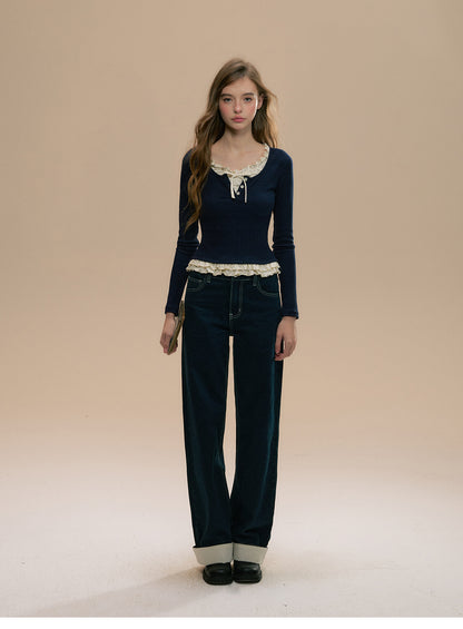 Layered-Look Rib Knit Top With Small Floral Frills