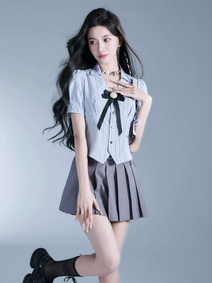 School Girl Style Rose Open Collar Shirt And Pleated Skirt