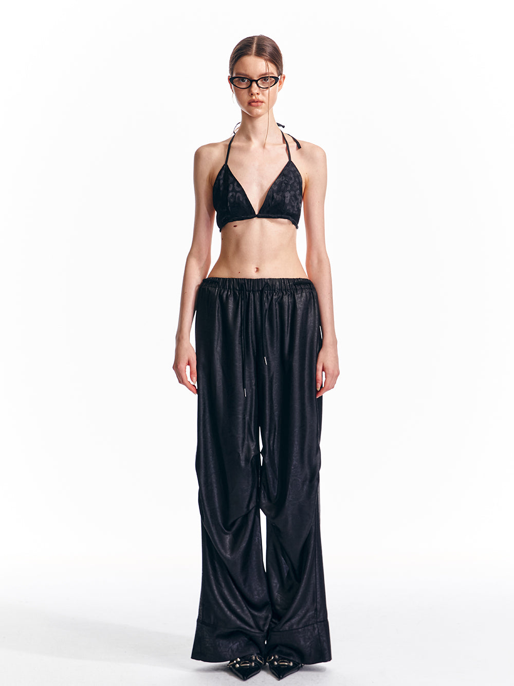 Elastic Waist Glossy Straight Wide Leg Pants