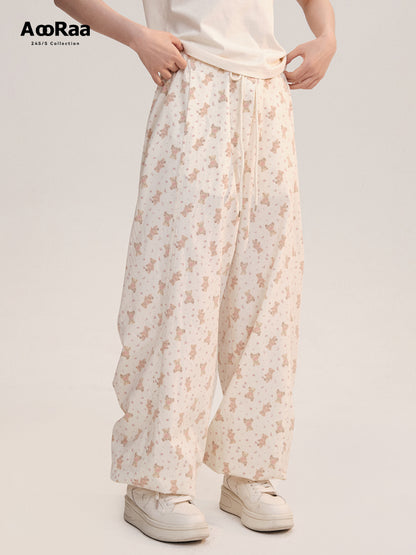 Drawstring Hem Floral Teddy Bear Print Pants