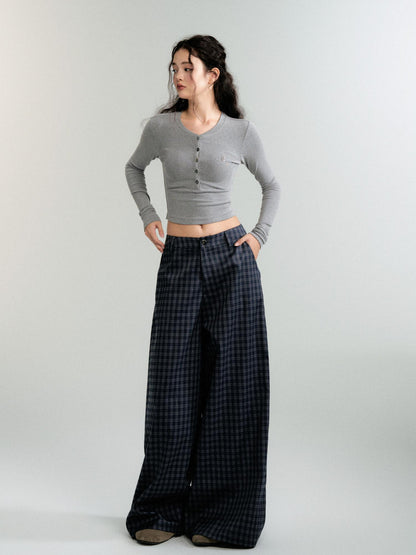 Low Rise Plaid Wide-Leg Straight Trousers