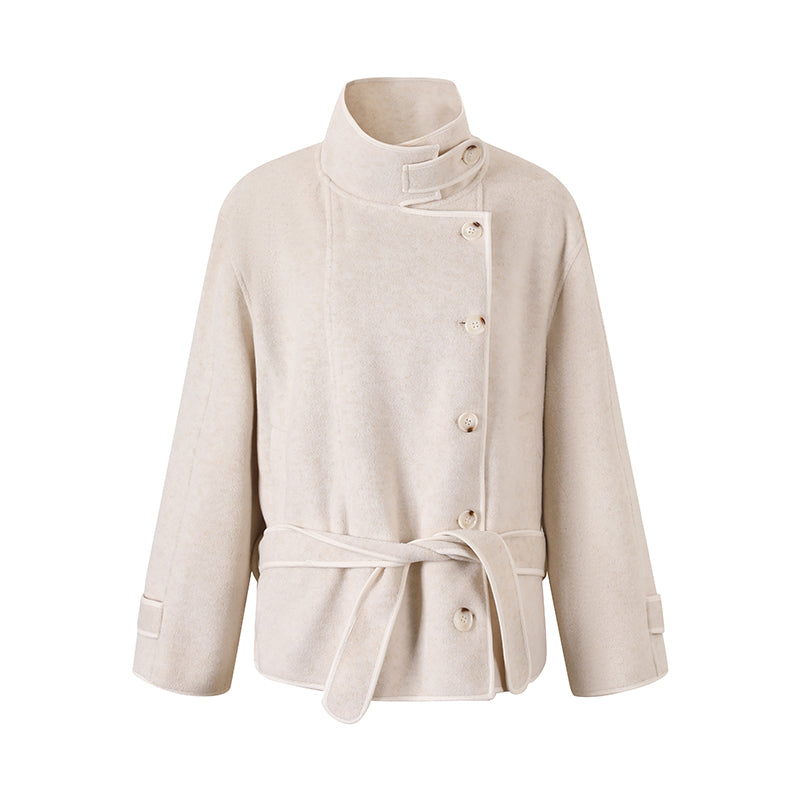 Stand Collar Belted Off-Center Button Short Coat