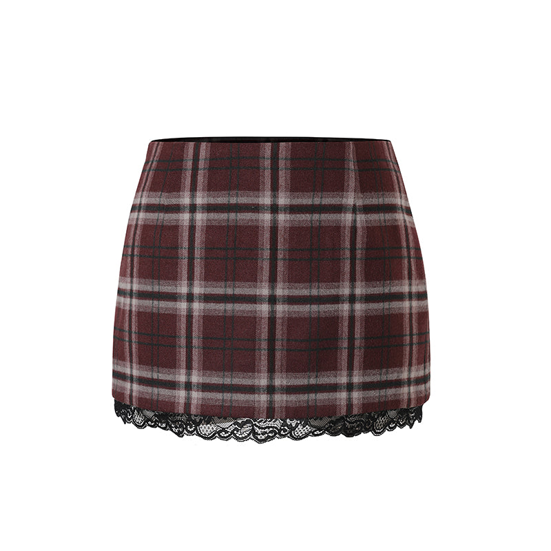 Lace-Trim Plaid Brushed Mini Skirt