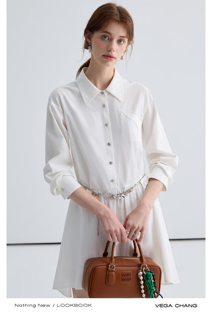 Textured Folded Pocket Design Shirt Dress