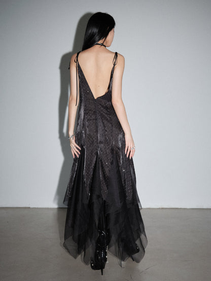 Glossy Asymmetrical Tie-Strap Sheer Long Dress