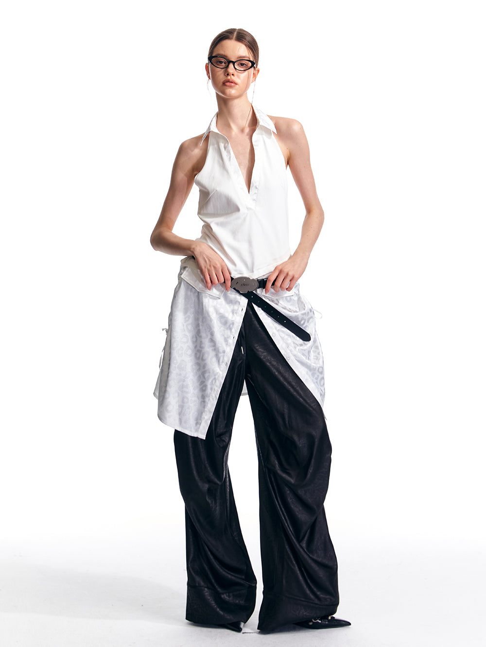 Elastic Waist Glossy Straight Wide Leg Pants