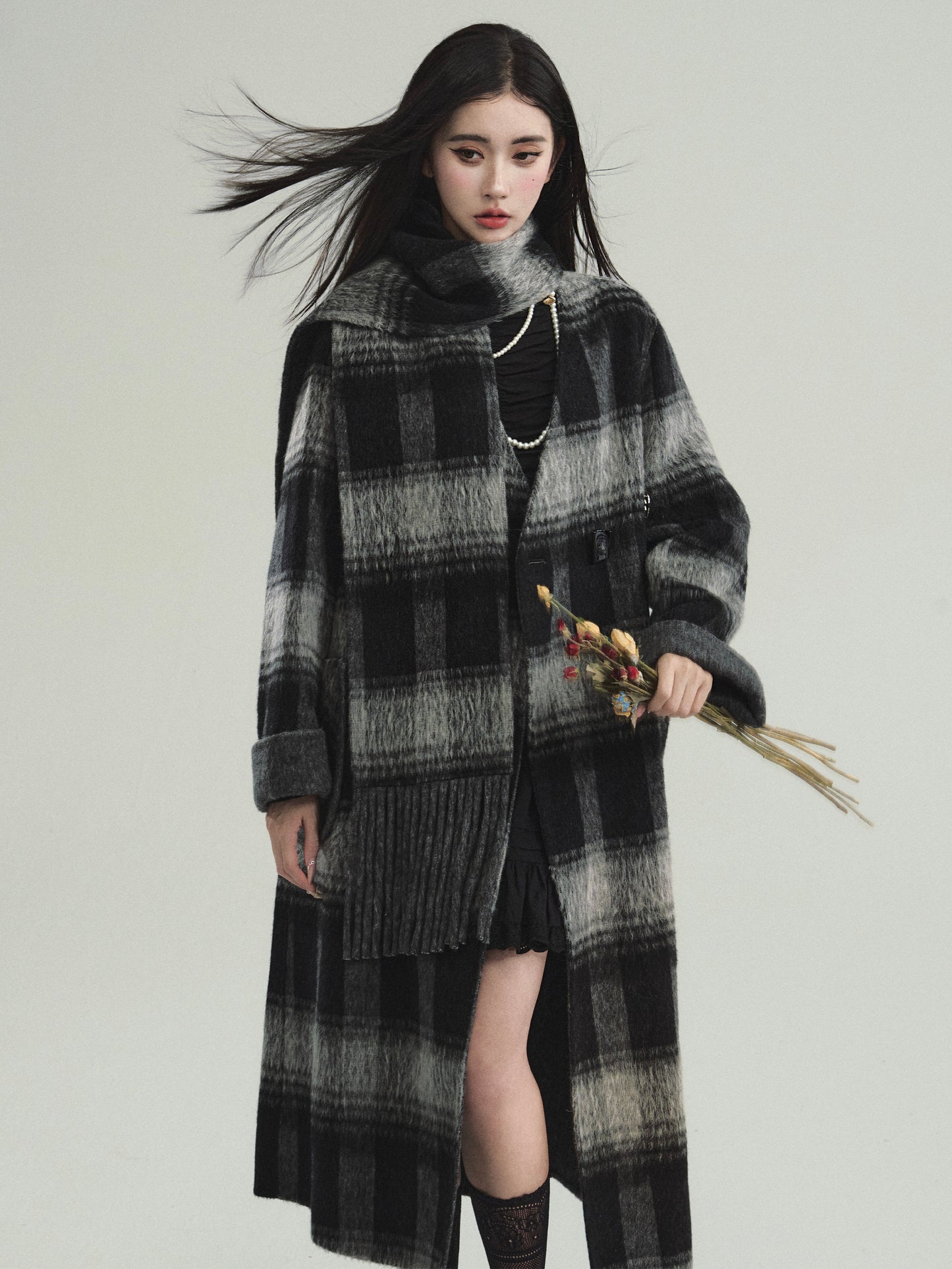 Plaid Collarless Wool Tweed Long Coat