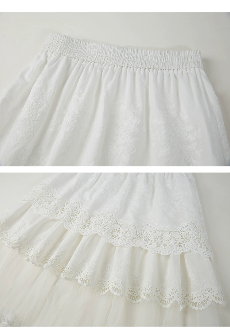 Frilled Embroidered Lace Sheer Long Skirt