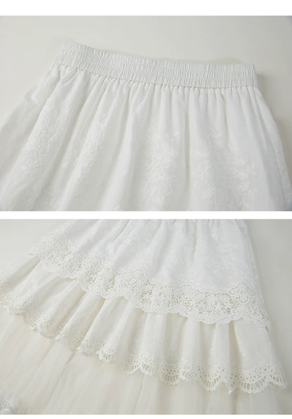 Frilled Embroidered Lace Sheer Long Skirt