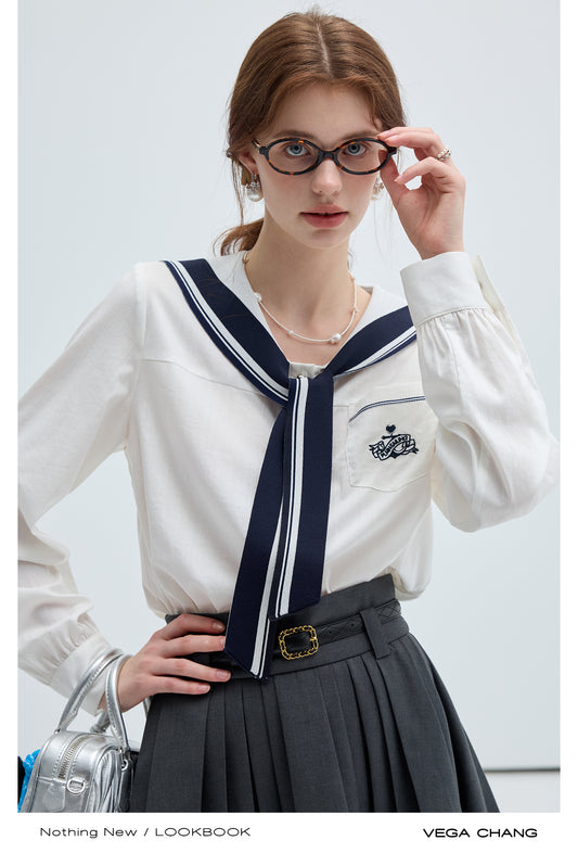 Emblem Embroidered Sailor Collar Tie Neck Shirt