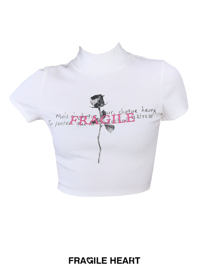 Rose And Poetry Letter Print High Neck Ribbed T-Shirt