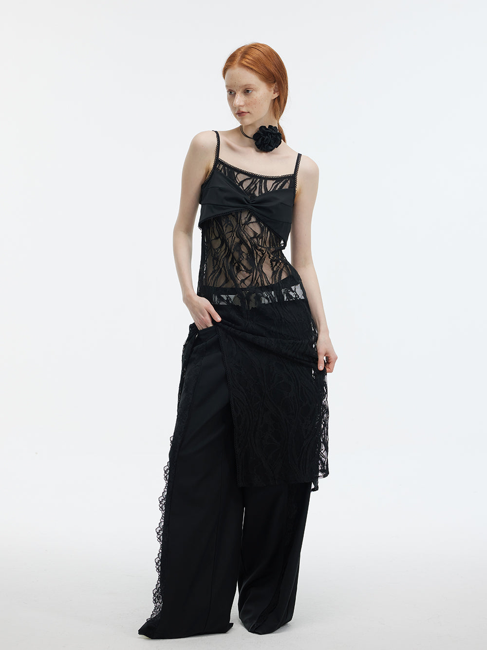 Lace Adorned Low Waist Wide Leg Trousers