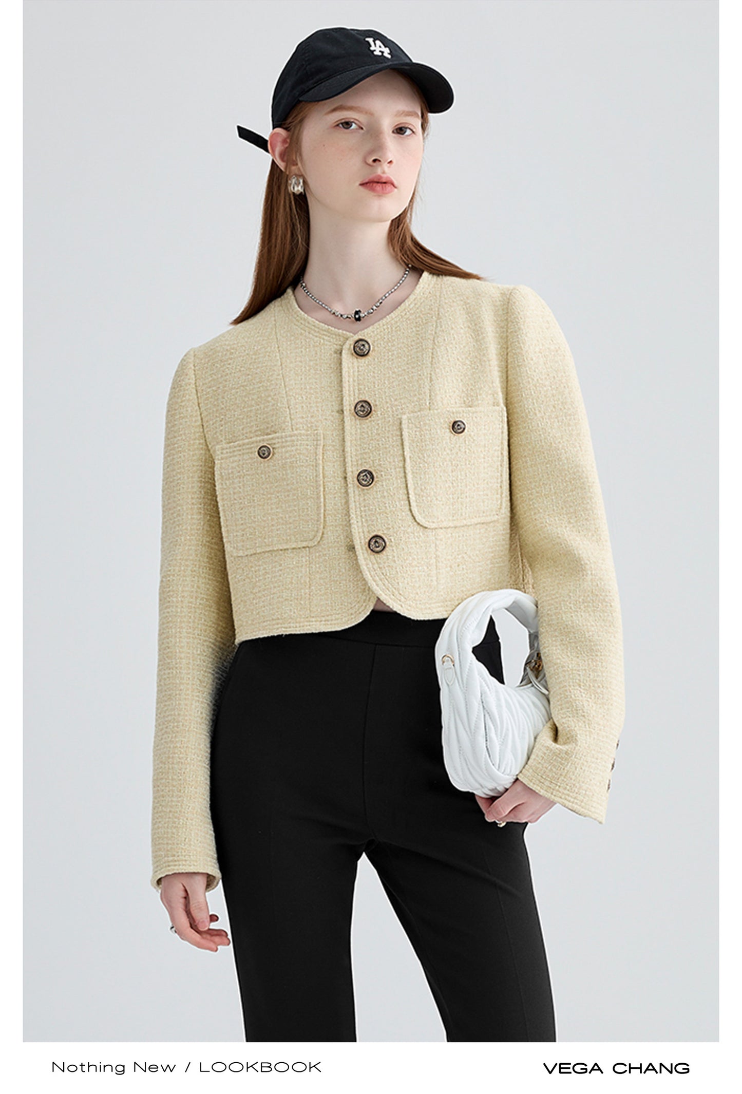 Wool Blend Collarless Cropped Tweed Jacket