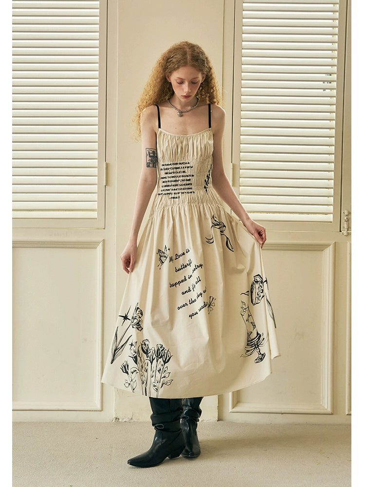 Gothic Print Flared Long Camisole Dress With Shirring