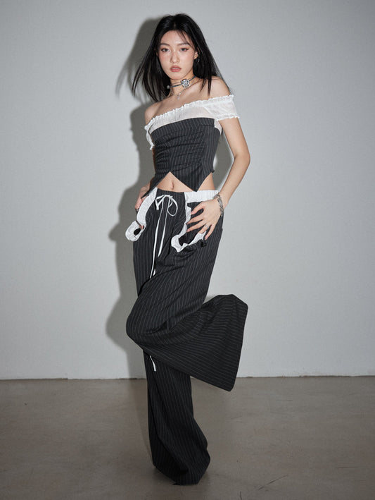 Frilled Pocket Wide Floor-Length Striped Trousers