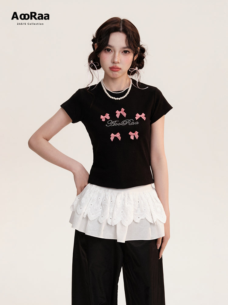 Bow Motif Letter Round Neck Comfortable T-Shirt