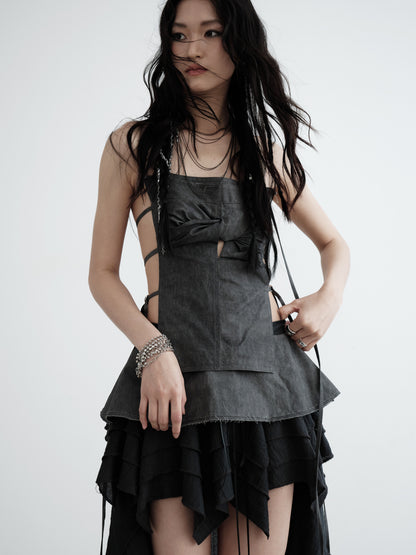 Long-Tailed Asymmetrical Lace-Up Ruffle Skirt