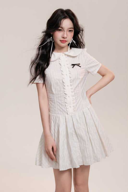 Peter Pan Collar Pleated Stripe Shirt Dress