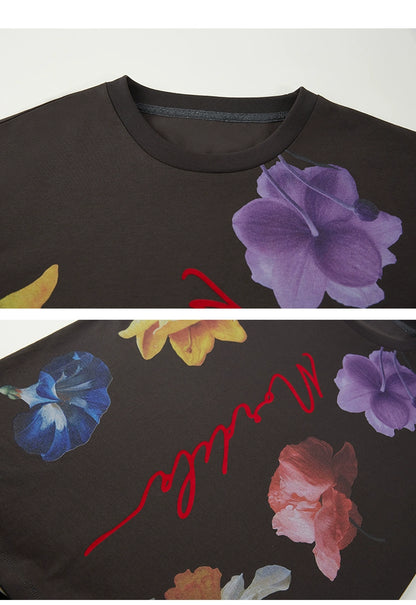 Colorful Flower Print Round Neck Cotton T-Shirt