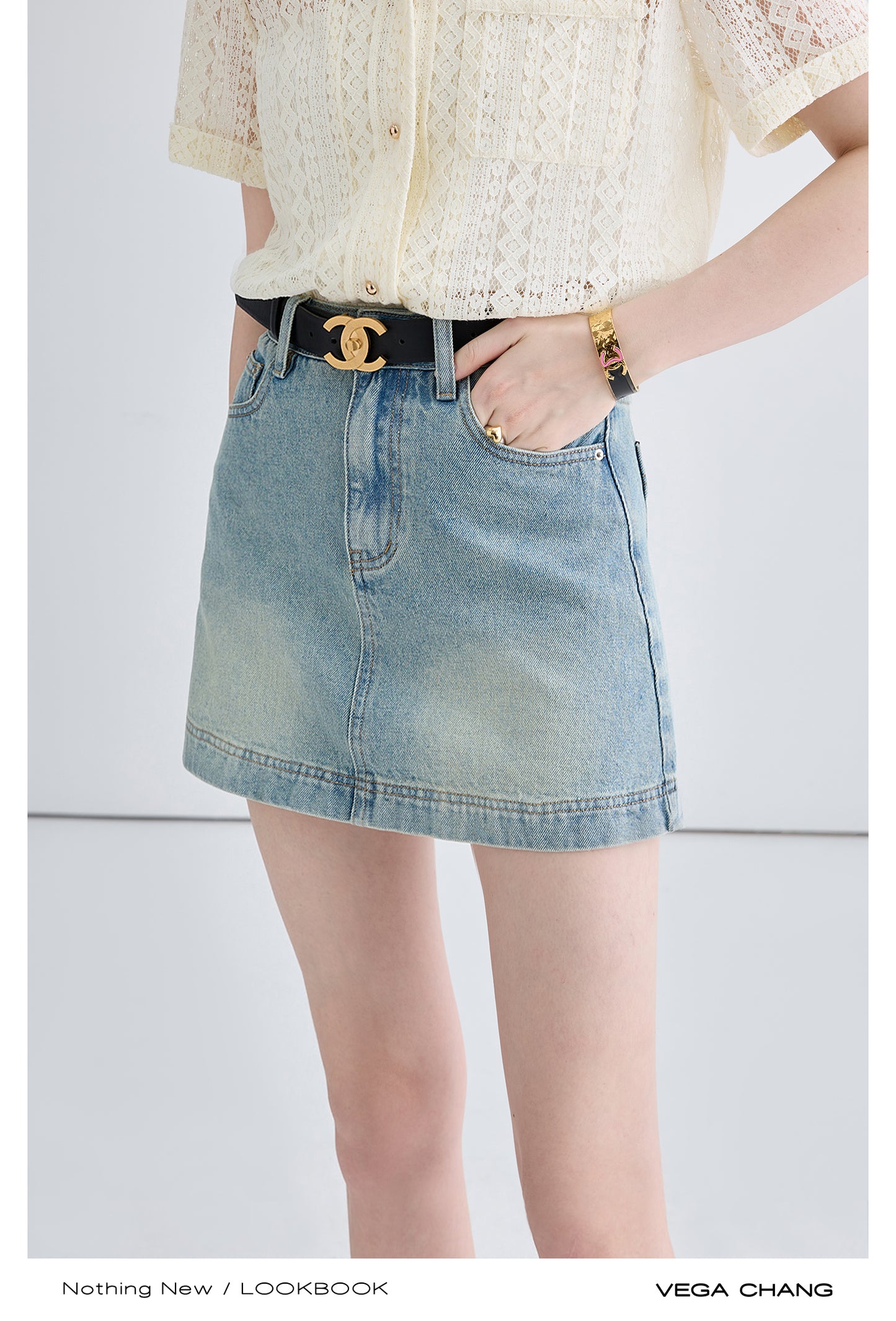 See-Through Lace Shirt And Washed Denim Skirt