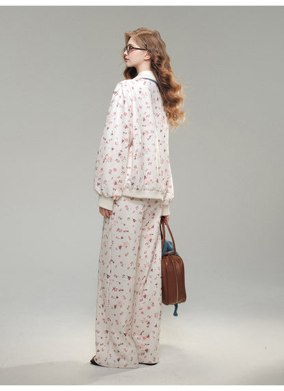 Red Rose Floral Print Pants, Belted Skirt