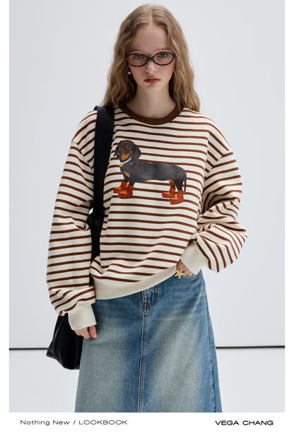 Dachshund Print Stripe Knit Sweatshirt