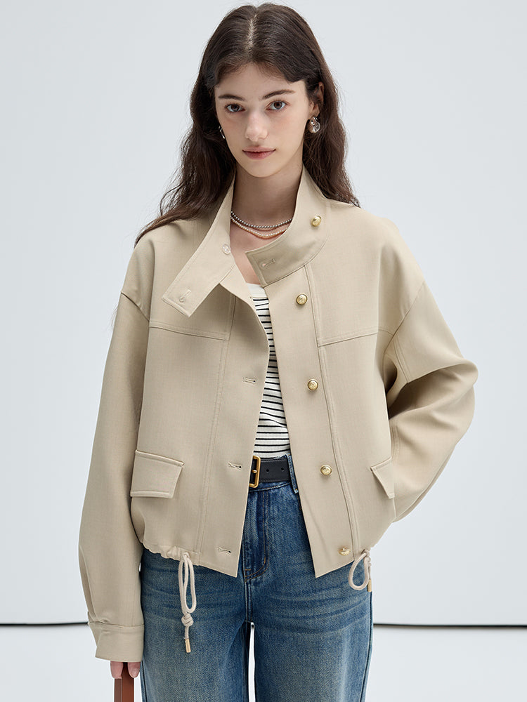 Stand Collar Drawstring Hem Short Jacket