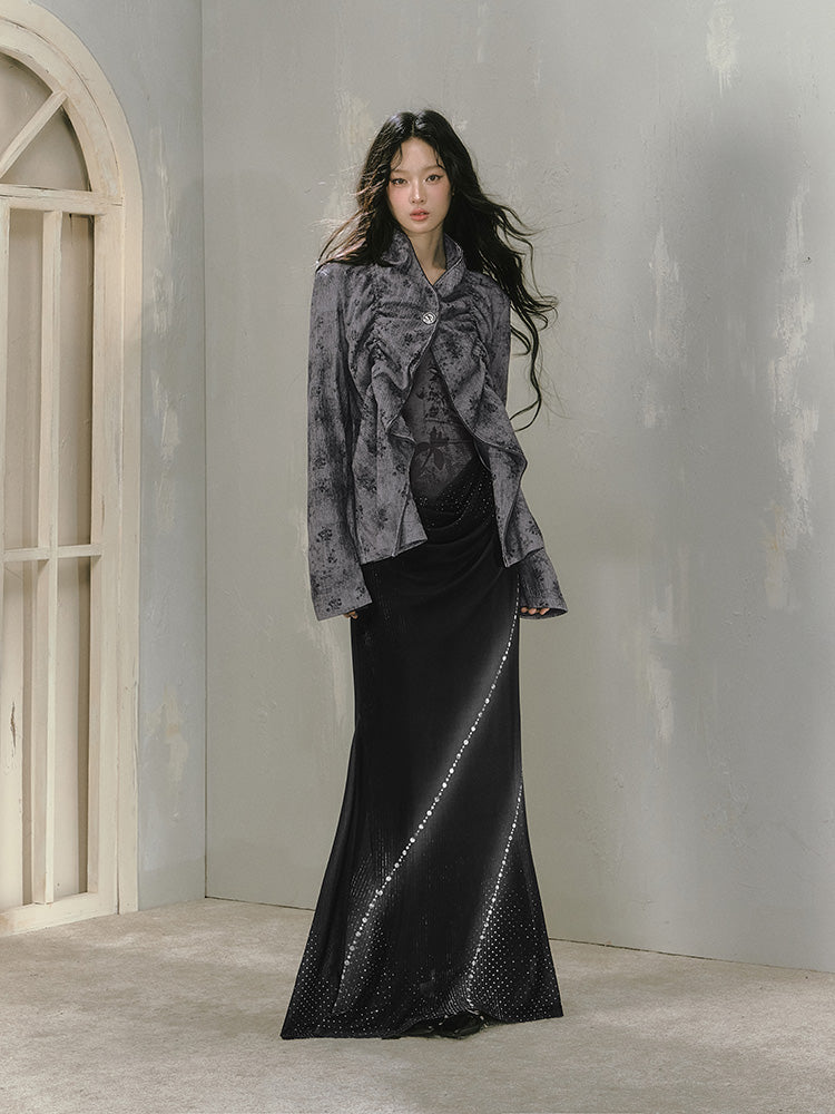 Textured Open Front Draped Jacket, Matching Skirt