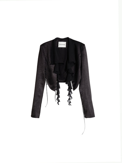 Textured Satin Ruffled Front Cropped Jacket