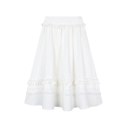 High Waist Lace Frilled Zip Up Flare Long Skirt