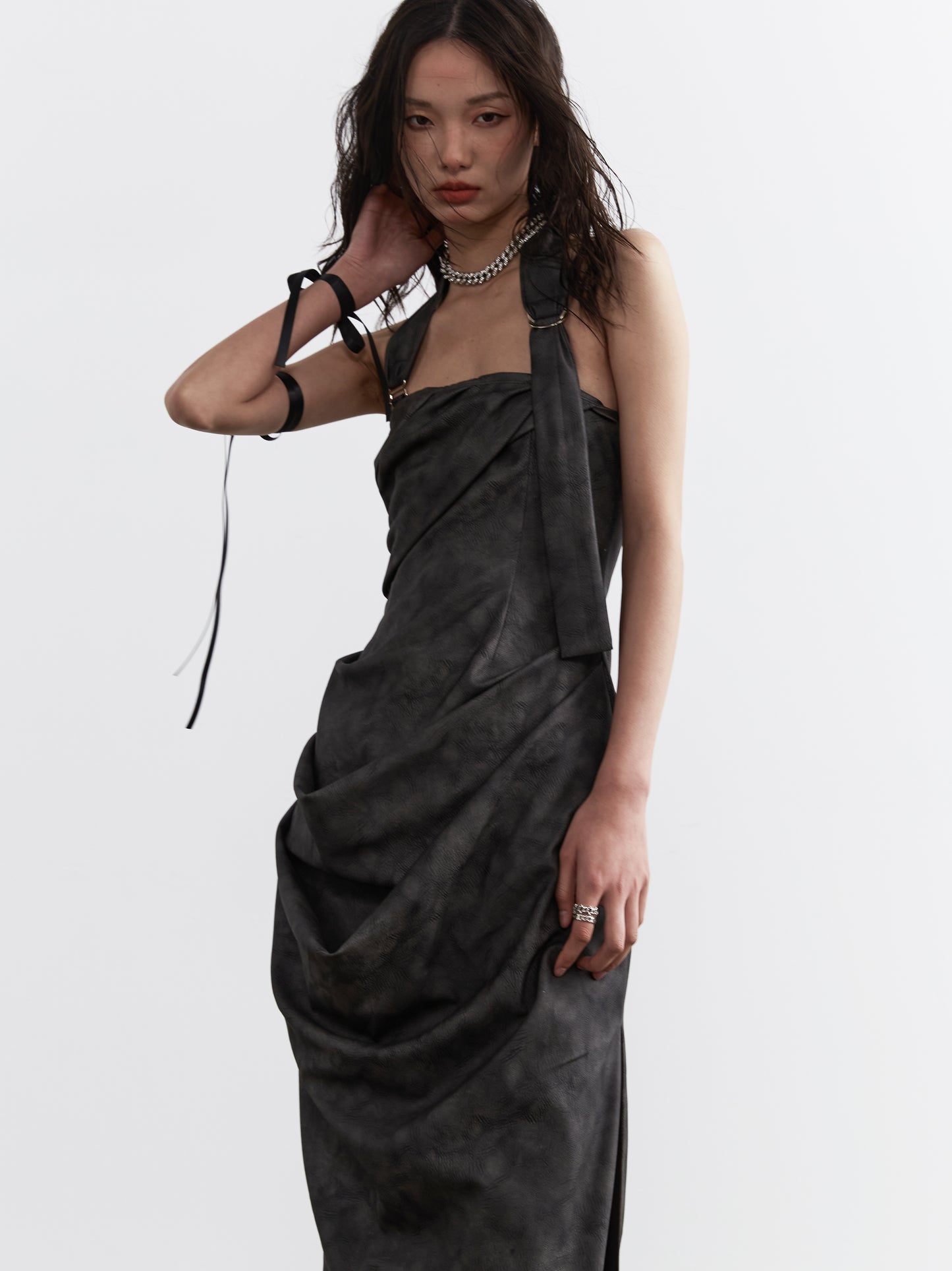 Sculptural Faux Leather Halter Tube Top Dress